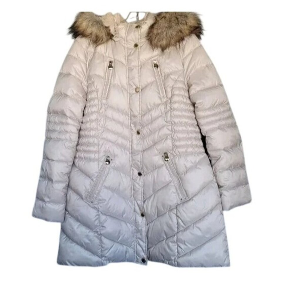 Womens Beige Puffer Coat Faux Fur Hood Sherpa Lining Laundry Shelli Segal Size M